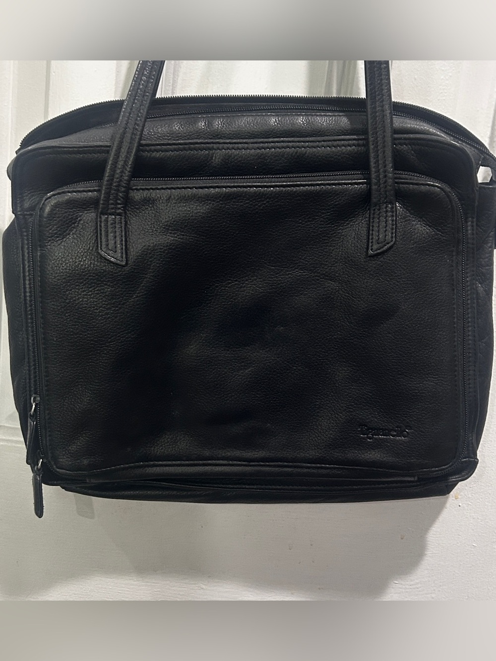 Tignanello Black Pebbled Leather Briefcase Tote with Front Zip Pocket